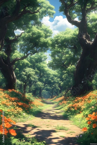 Sunlit forest path, poppy flowers, game background