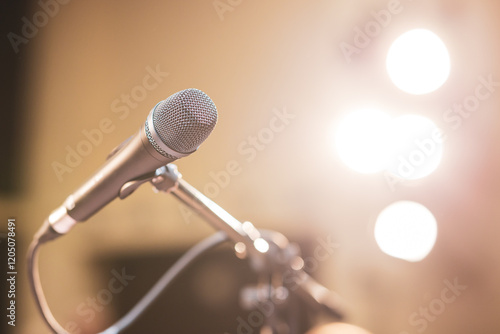There is a microphone on the stage, a stand, background beams of spotlights and an auditorium. low depth of field