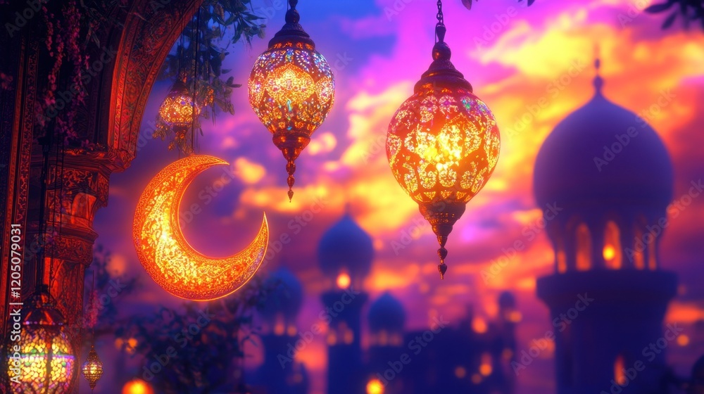 Illuminated Crescent Moon and Lanterns Adorn a Cityscape at Sunset Illuminated Crescent Moon and Lanterns Adorn a Cityscape at Sunset