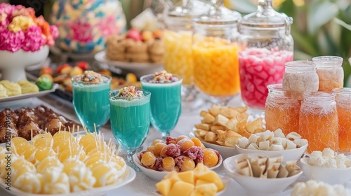 Colorful Dessert Buffet Displaying Varied Sweets And Drinks