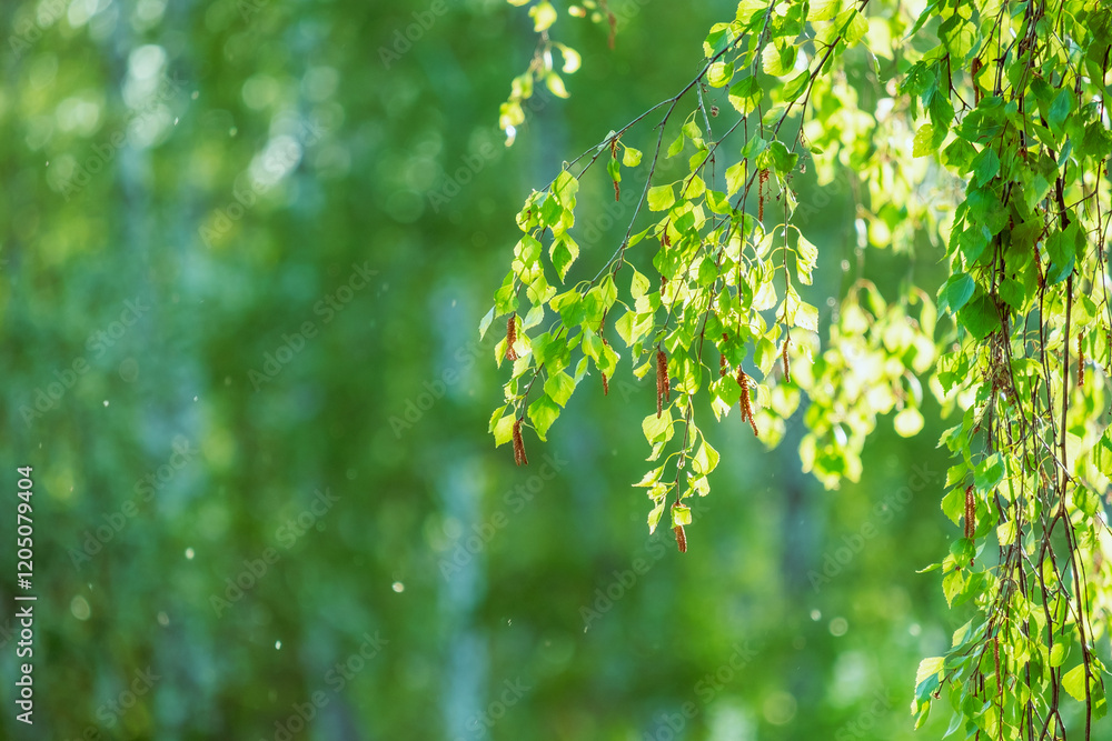 A tree branch with green leaves and birch branches in the sunlight A tree branch with green leaves and birch branches in the sunlight