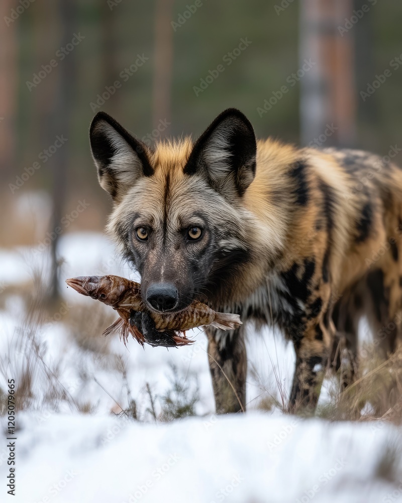 A wild dog holds a fish in its mouth, showcasing its hunting skills in a snowy environment. A wild dog holds a fish in its mouth, showcasing its hunting skills in a snowy environment.