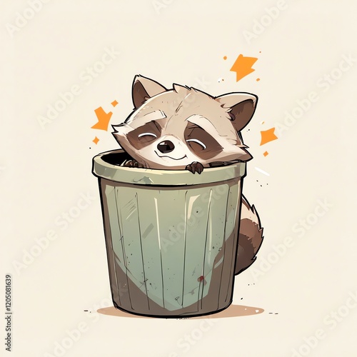 Adorable Raccoon in a Trash Can: A Whimsical Cartoon Illustration