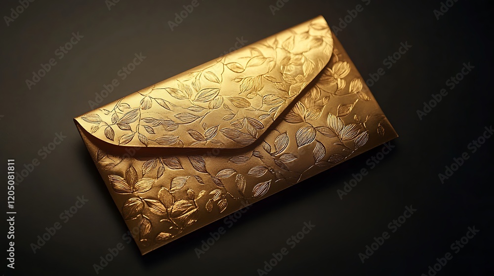 Fototapeta premium A beautifully crafted golden envelope with subtle detailing on a black background highlighting sophistication and wealth