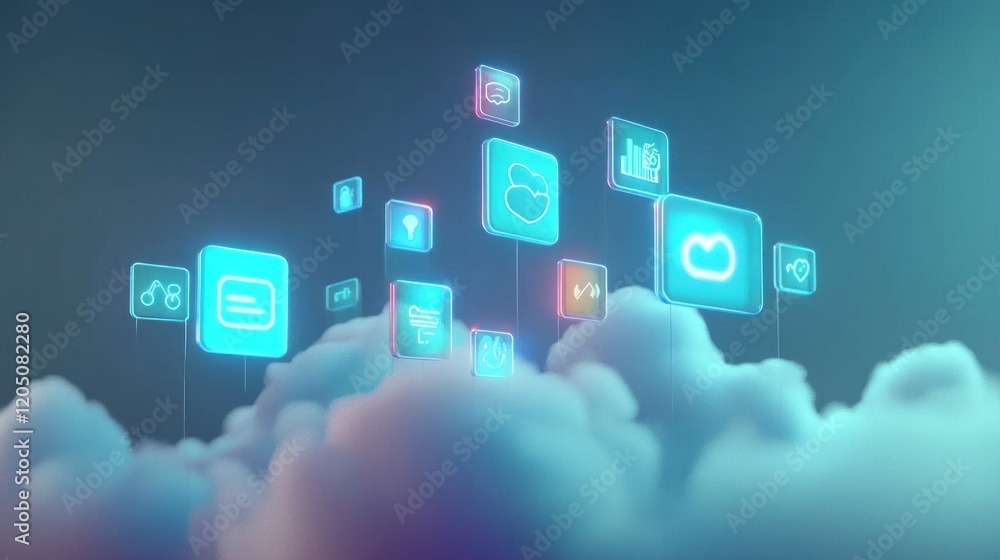 Cloud Computing Network Digital Icons Applications Above Clouds Cloud Computing Network Digital Icons Applications Above Clouds