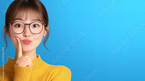 Young asian female with glasses posing playfully against bright blue background photo