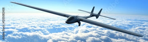 A sleek drone flying above the clouds, showcasing advanced aerial technology.