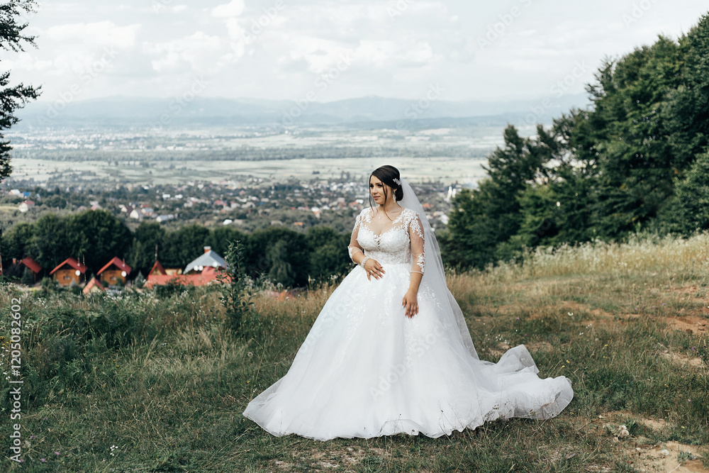 woman in a wedding dress standing against the backdrop of a picturesque landscape. woman in a wedding dress standing against the backdrop of a picturesque landscape.