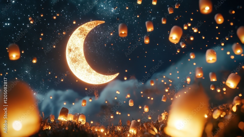 Fototapeta premium Illuminated Sky Lanterns Ascending Underneath A Crescent Moon