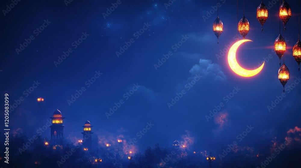 Naklejka premium Night Scene Featuring Crescent Moon and Illuminated Mosques