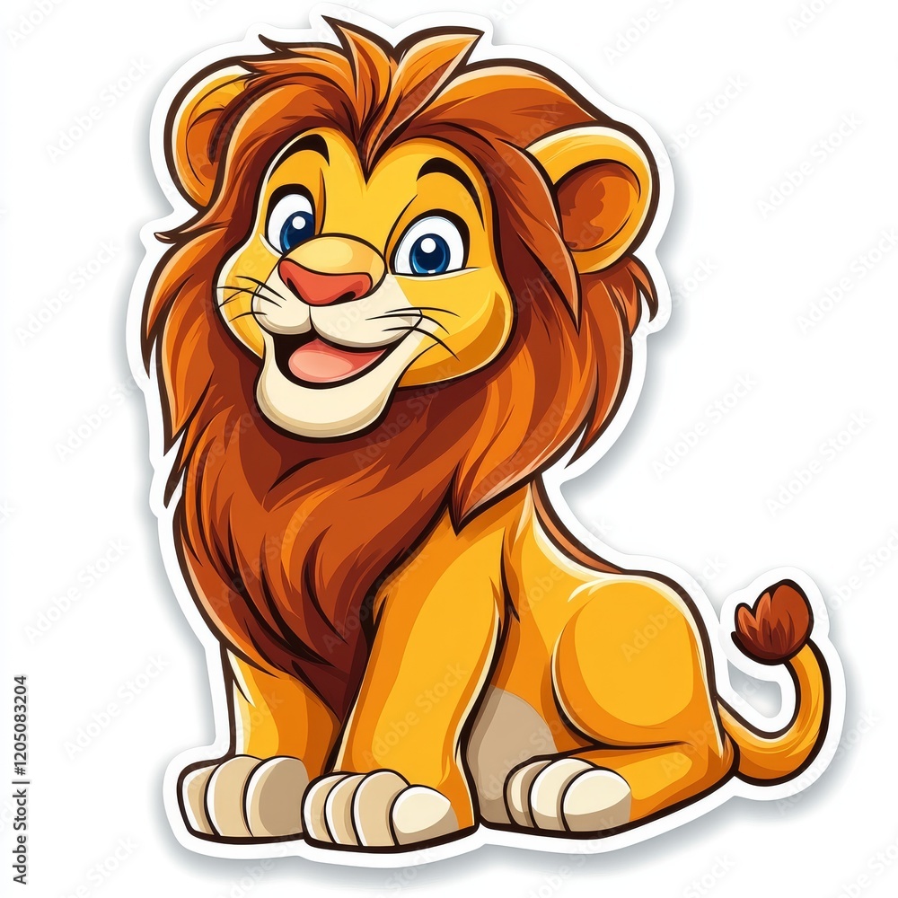 Obraz premium A cheerful cartoon lion with a fluffy mane and bright blue eyes sits with a happy expression on a plain white background