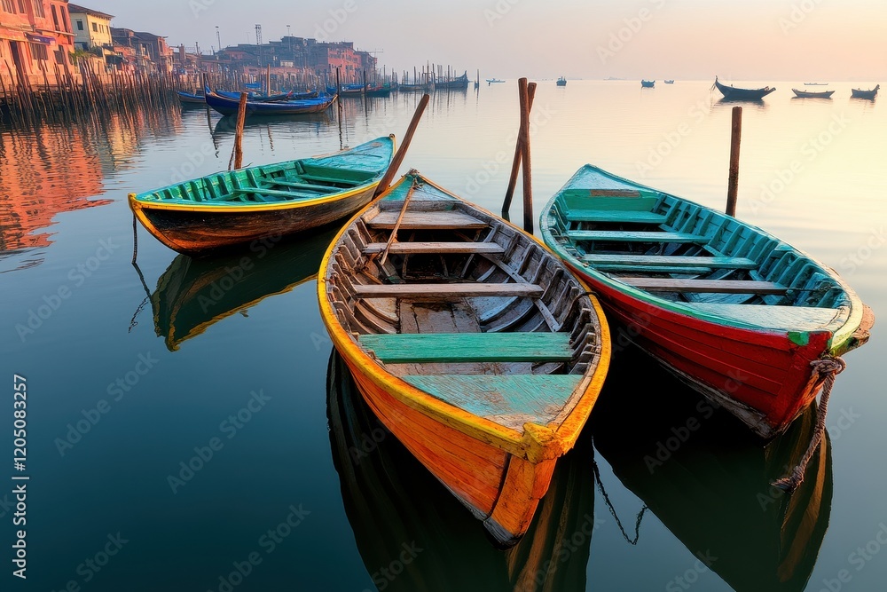 Peaceful Dawn at the Waterfront with Traditional Colorful Wooden Boats Docked in Calm Waters Surrounded by Scenic Reflections and Tranquil Atmosphere Peaceful Dawn at the Waterfront with Traditional Colorful Wooden Boats Docked in Calm Waters Surrounded by Scenic Reflections and Tranquil Atmosphere