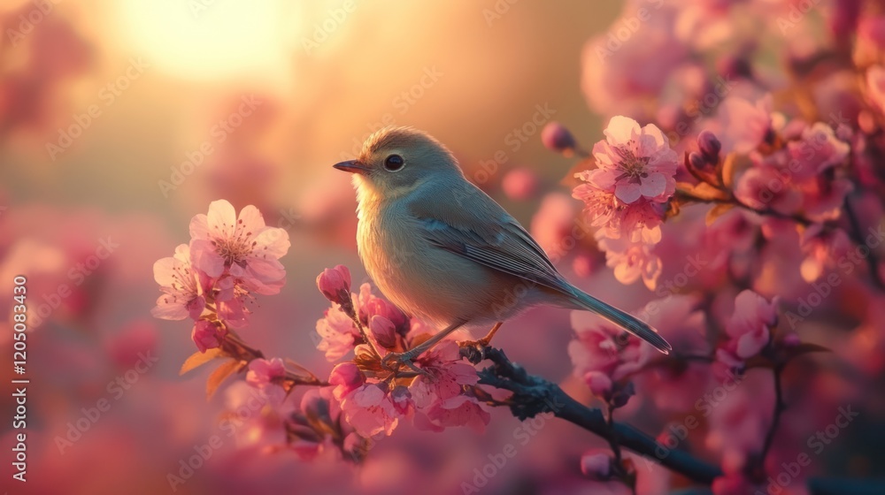 Sunrise bird, pink blossoms, spring, garden, serenity Sunrise bird, pink blossoms, spring, garden, serenity