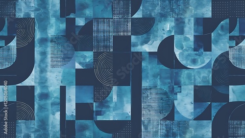 Contemporary art seamless pattern background. Abstract grunge geometric shapes. Watercolor hand drawn indigo circles, rectangles, squares texture. Watercolour print for textile, wallpaper, wrapping.