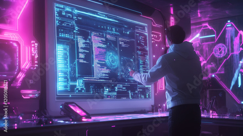 Futuristic data analysis event high-tech lab digital interface neon environment over-the-shoulder viewpoint cybersecurity concept