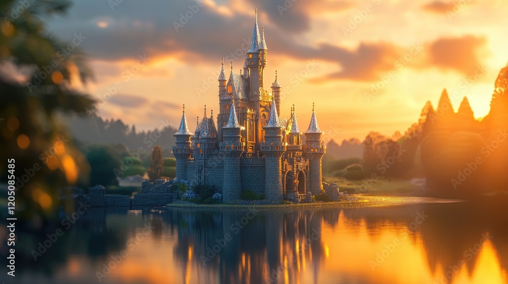 Majestic Castle Reflecting in Sunset Lake Waters Majestic Castle Reflecting in Sunset Lake Waters