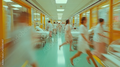 Blurred Motion Hospital Corridor Staff and Patients Moving photo