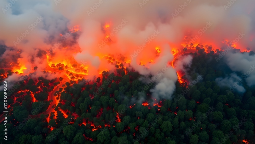 Fototapeta premium Burning Wild Forest fire with smoke Wildfire Emergency Global Warming Natural Disaster Forestry Enivronmental Destruction Danger 