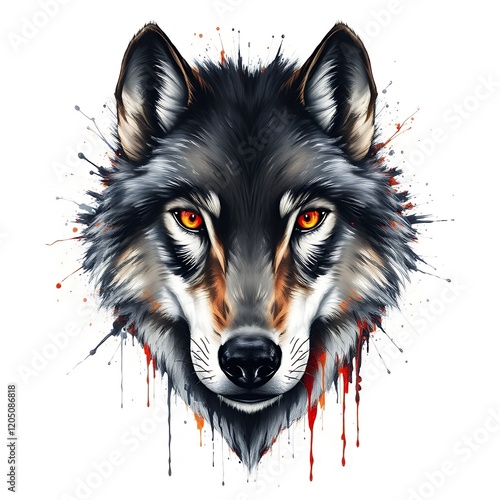 an image of a wolf with red eyes and a splattered face. photo