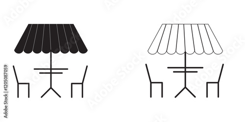 Print A variety of different colored umbrellas and tables, showing terrace icon, terrace icon in filled and outlined styles, terrace cafe icon, cafe seating icon . 1176