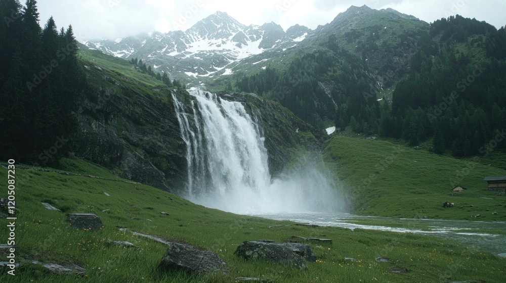 Fototapeta premium Majestic alpine waterfall cascades down rocky mountainsides