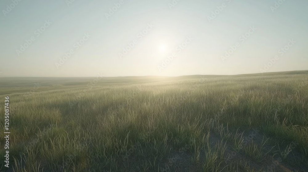 Sunrise over hazy prairie grassland field Sunrise over hazy prairie grassland field