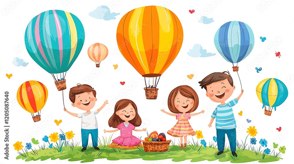Happy Children Playing with Hot Air Balloons in a Flower Field Happy Children Playing with Hot Air Balloons in a Flower Field