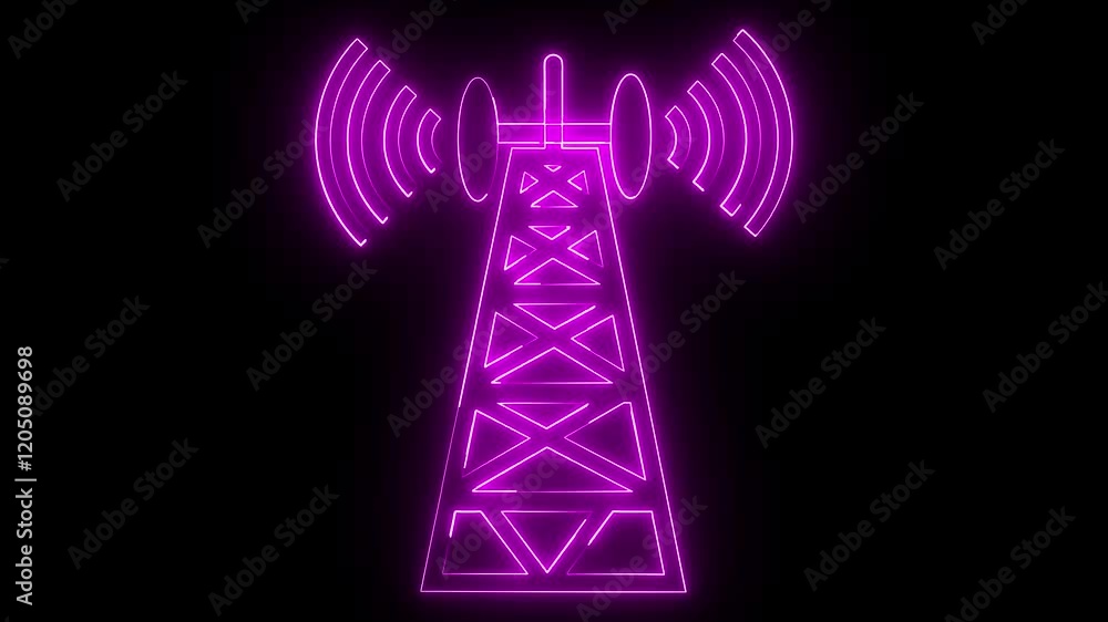glowing neon pink color tower with antenna animation icon sign symbol on black background glowing neon pink color tower with antenna animation icon sign symbol on black background