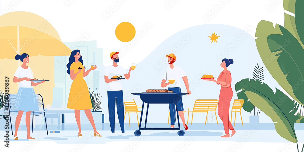 Fototapeta premium Eine Gruppe von Leuten grillt in ihrem Garten – eine glückliche Familie ist gemeinsam. Grillen, Familienleben, Essen,Barbeque, Steak