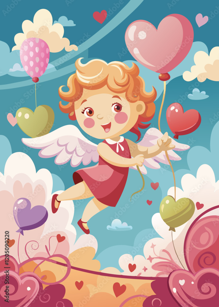 AI Generated whimsical Valentine’s Day card template with cupid flying among heart-shaped balloons and clouds, customizable text area included. AI Generated whimsical Valentine’s Day card template with cupid flying among heart-shaped balloons and clouds, customizable text area included.