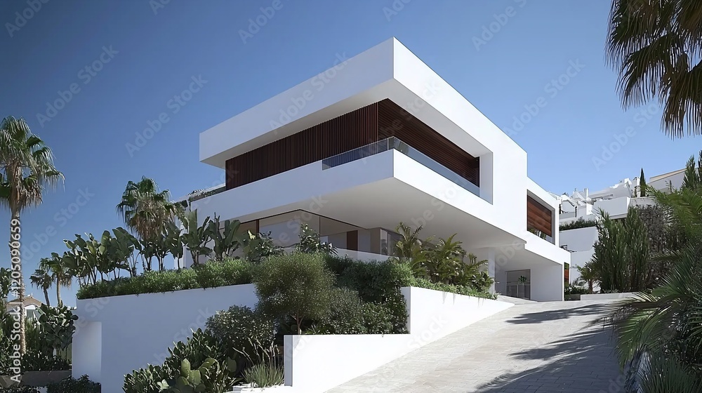 Fototapeta premium Modern white villa with tropical landscaping and driveway.