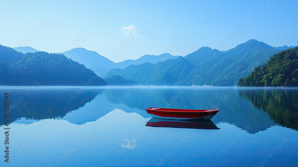 Serene Mountain Lake Scene With A Red Rowboat Serene Mountain Lake Scene With A Red Rowboat
