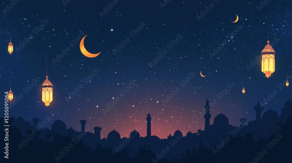 Night Sky Cityscape With Lanterns and Crescent Moon Night Sky Cityscape With Lanterns and Crescent Moon