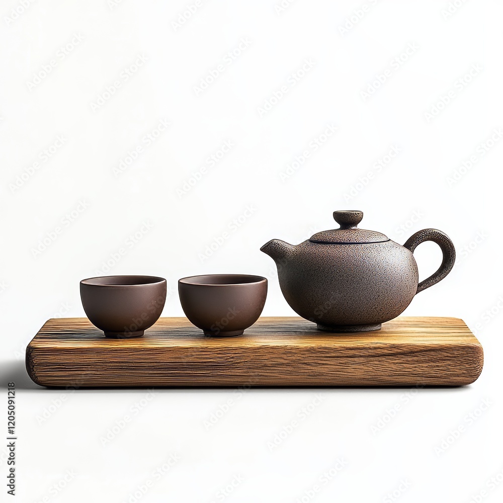 Teapot and tea cups on a wooden shelf on a white background Teapot and tea cups on a wooden shelf on a white background
