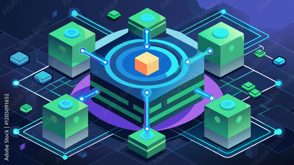 AI Generated futuristic design with glowing interconnected blocks and a central digital coin in blue, gray, and neon green for technology themes. AI Generated futuristic design with glowing interconnected blocks and a central digital coin in blue, gray, and neon green for technology themes.