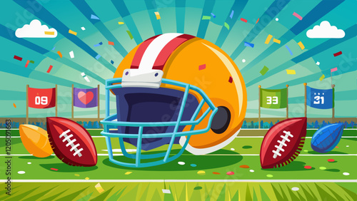 AI Generated image of a football helmet on a vibrant green field with colorful confetti and a scoreboard in the background, ideal for sports event designs and placeholders.