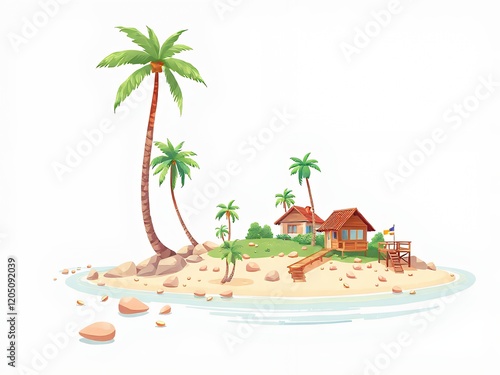 an image of a small island with a house and palm trees. photo