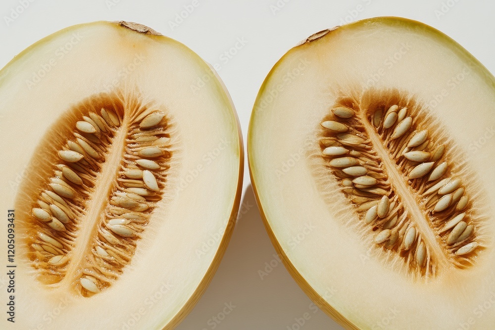 Freshly Cut Melon Halved to Reveal Juicy Flesh with Seeds, Showcasing Natural Texture and Color Perfect for Healthy Cooking and Nutrition Themes