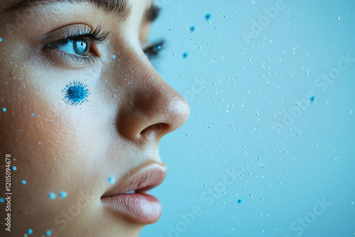 Close-up of a woman's nose, side view, with tiny blue bacteria flying out from the left eye and mouth on a light blue background, 