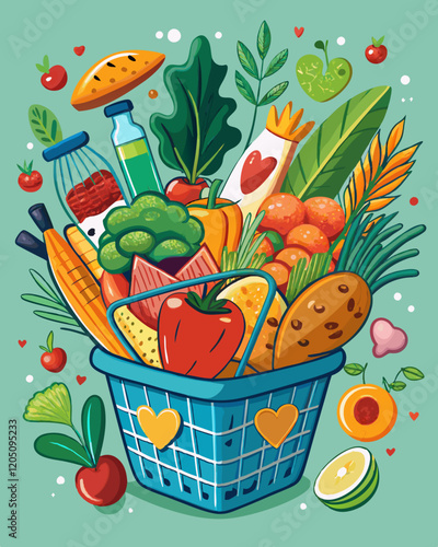 AI Generated Colorful Basket of Fresh Organic Vegetables and Fruits vector art illustration, filled with heart-healthy foods including vegetables, nuts, maize, salad, and bottles, symbolizing energy.