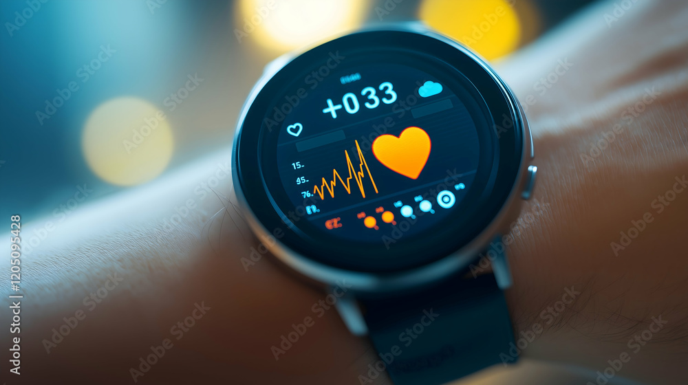 Fototapeta premium A sleek smartwatch displaying heart rate data and health metrics on its vibrant screen.
