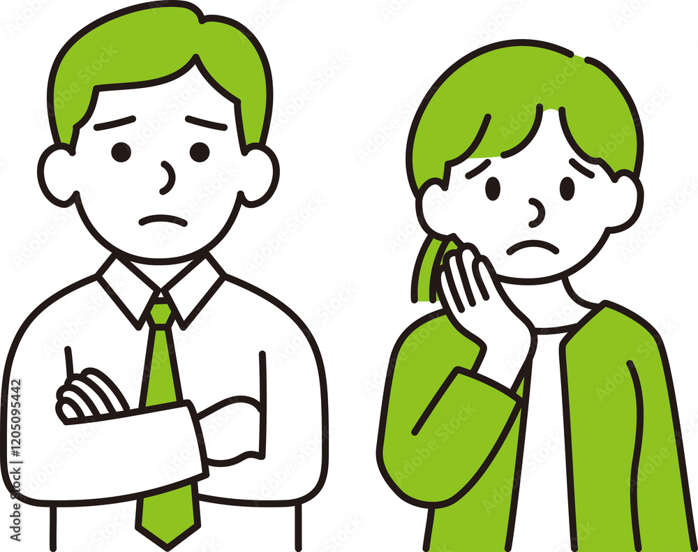 困り顔の男女のイラスト グリーン 困り顔の男女のイラスト グリーン
