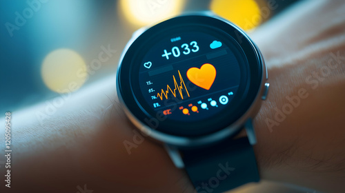 A sleek smartwatch displaying heart rate data and health metrics on its vibrant screen.