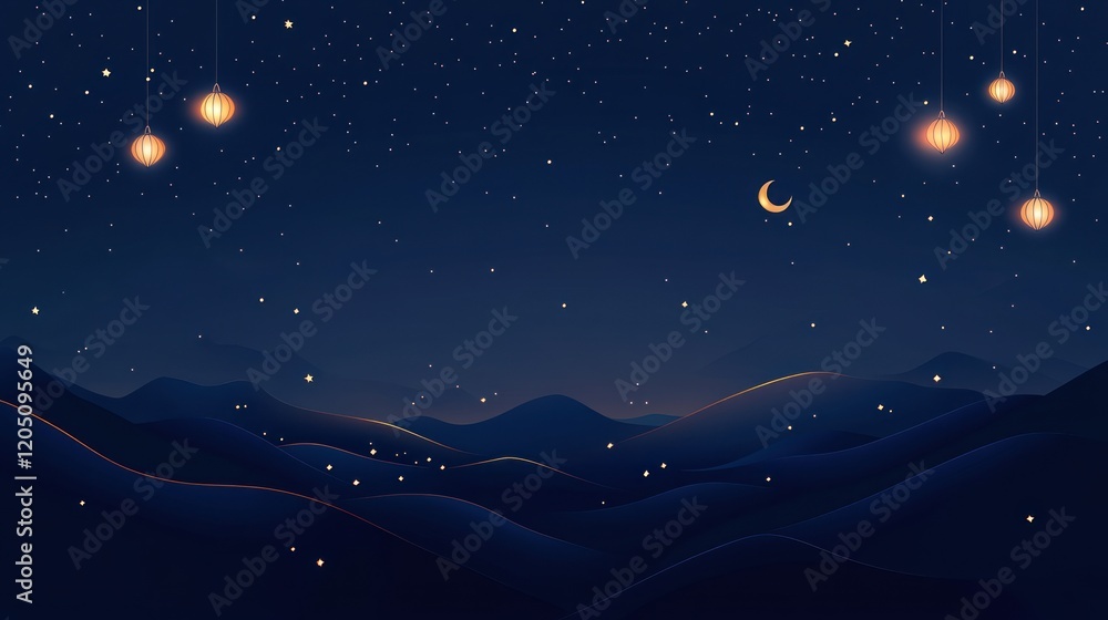 Night Sky Landscape with Lanterns and Rolling Hills Night Sky Landscape with Lanterns and Rolling Hills