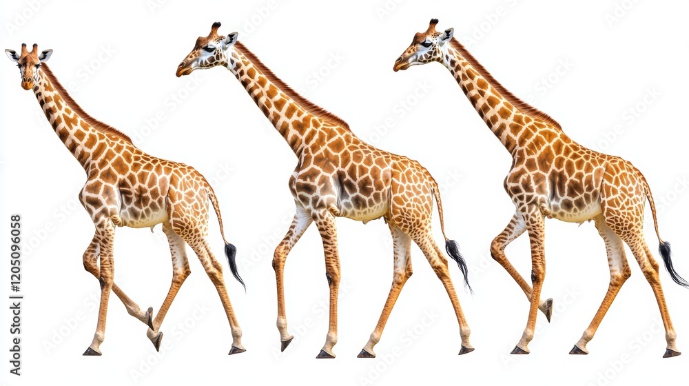 Fototapeta premium Three Giraffes Walking Gracefully in Tropical Scene
