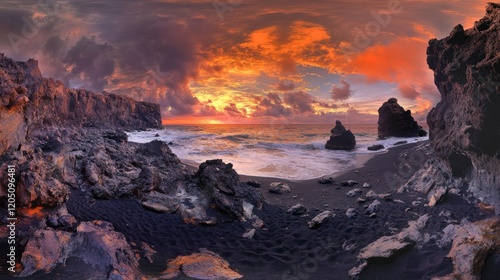 Volcanic Rocks Embrace Sunset Ocean Black Sand Beach