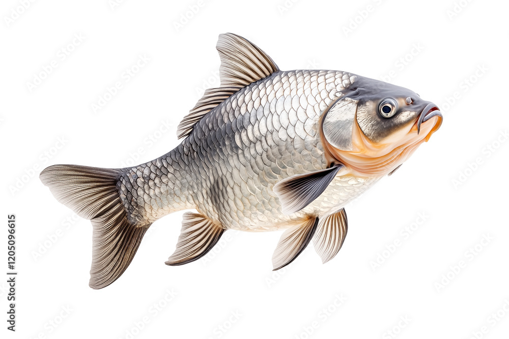Obraz premium Closeup of fresh common carp fish with detailed scales and fins, isolated on white transparent background, concept of aquatic life