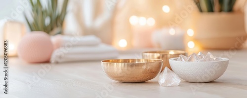 A quiet corner with a sound bath setup, featuring crystal bowls and soft, golden light