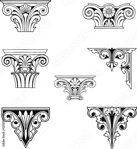 A collection of intricate black and white vector designs depicting various architectural column capitals and cornices.