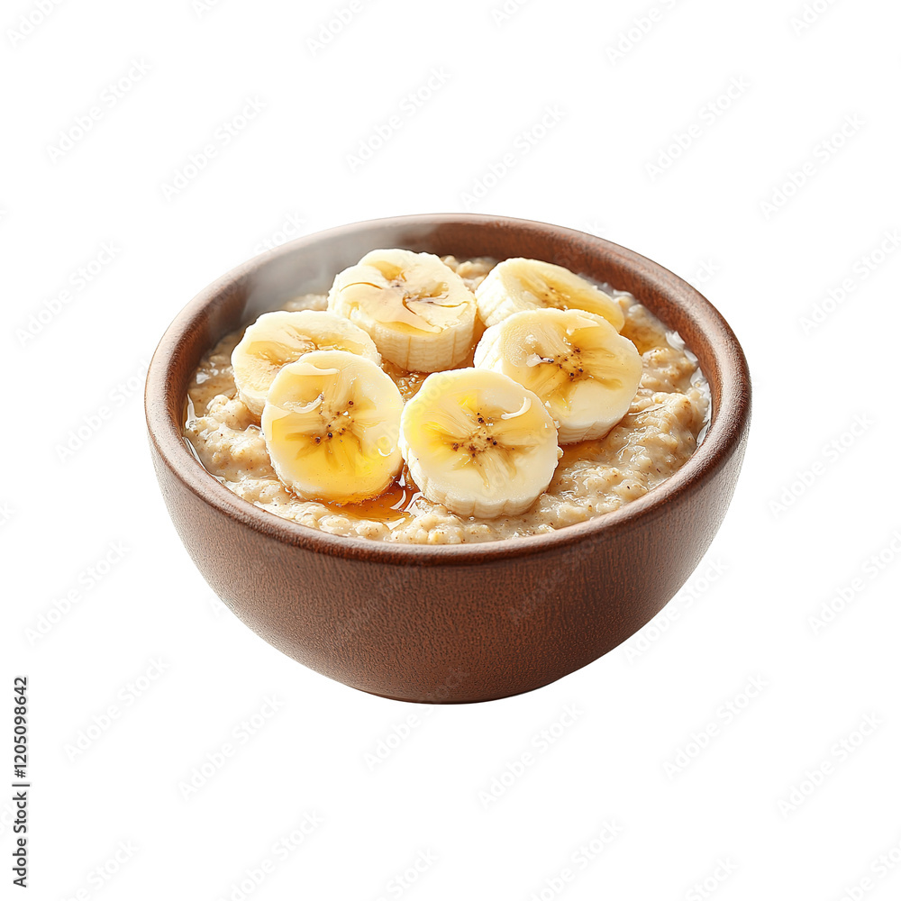 Delicious Oatmeal with Bananas and Honey in Wooden Bowl transparent background. Delicious Oatmeal with Bananas and Honey in Wooden Bowl transparent background.